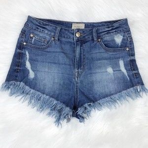 Celebrity Pink Distressed High Rise Frayed Raw Hem Blue Jean Denim Shorts Stone